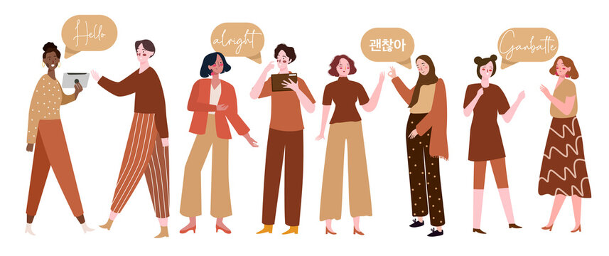 some woman from multi ethnic in a community with brown dress are learning multi language vocabulary in the world