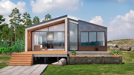 Luxury modular house exterior. 3d illustration