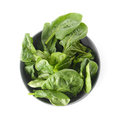 Bowl with fresh spinach leaves on white background