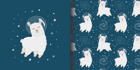 Seamless pattern and cartoon card for kid with alpaca astronauts on starry space background. Baby background for t-shirt print, packaging, wrapping paper, etc. Cute cartoon llama © Alina