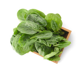 Wooden box with fresh spinach leaves on white background