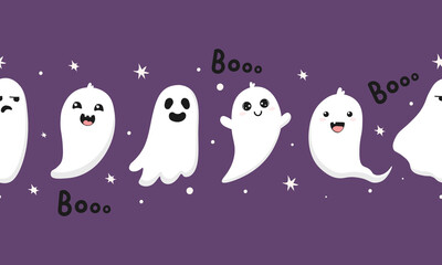 Cute Halloween horizontal seamless pattern with ghost, stars, boo. Great for Halloween Cards, banner, textiles. Baby background