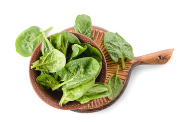 Bowl with fresh spinach leaves on white background