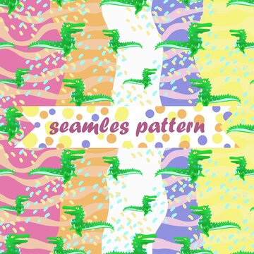 Cute crocodile seamless pattern. Cartoon wild animals wallpaper. The set includes five background colors.