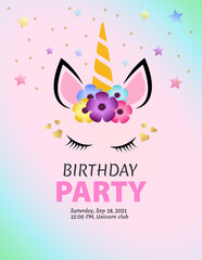 invitation card. Birthday card. Party invitation. Theme party. Unicorn party. Unicorn. Birthday. Invitation. Postcard. celebration. holiday. Vector. banner. 