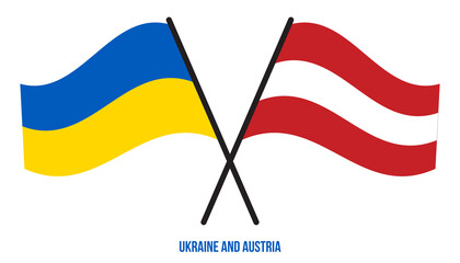 Ukraine and Austria Flags Crossed And Waving Flat Style. Official Proportion. Correct Colors.