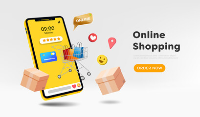 Online shopping store on website and mobile phone design. Smart business marketing concept. Horizontal view. Vector Illustration