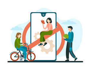 Outdoor games in nature without online devices. Red round sign with crossed out line on smartphone. Children ride bike and play. Digital addiction and low tech parenting. Vector online concept