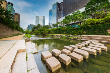 Stone path over Cheonggyecheon stream 청계천 in downtown Seoul, South Korea.