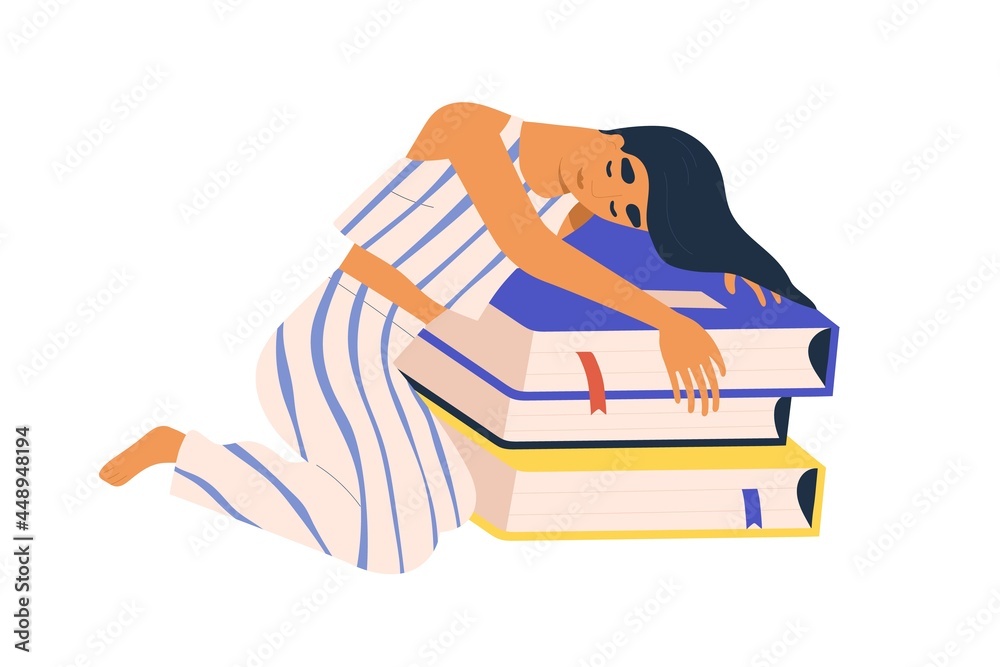 Aufkleber sleepy woman lying over books and sleeping. student resting after studying and reading. asleep reade