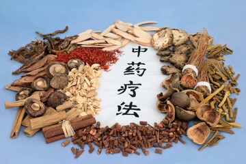 Herbs and spice used in Chinese herbal plant medicine with calligraphy script on rice paper....