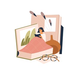 Woman resting in cozy bed with book. Relaxed person reading fiction literature. Reader in world of fantasies and novels. Reading hobby concept. Flat vector illustration isolated on white background
