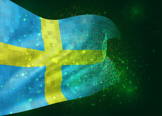 Sweden, on vector 3d flag on green background with polygons and data numbers