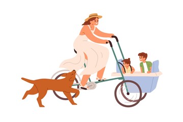 Happy mother riding cargo bicycle with children in carriage. Mom cycling bunch bike with kids while dog running nearby. Flat vector illustration of parent cyclist and pet isolated on white background