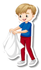 Sticker design with a boy take off his coat isolated