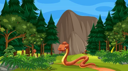 Wandaufkleber A snake cartoon character in forest scene with many trees © blueringmedia