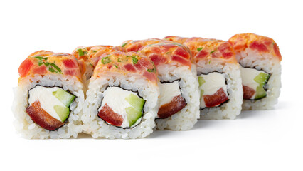 Sushi roll with salmon and tuna isolated on white