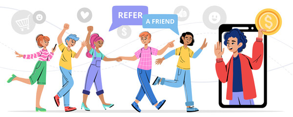 Fototapeta na wymiar Refer a friend vector illustration. Young man invites his friends to a referral program, marketing concept. Business partnership strategy with group of people. Referral system, group of customers.