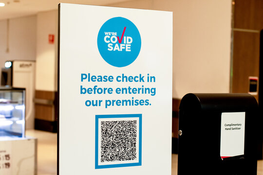 Sydney, Australia 2021-07-30 Mandatory COVID Safe QR-code Check In And Check Out At All Indoor Venues In NSW. Sign With QR Code In The Shopping Centre