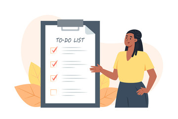 To-do list, young woman puts check marks in front of completed tasks