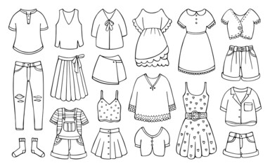 Fototapeta premium Hand-drawn set of female clothes for spring and summer. Doodle women garment items isolated on the white background