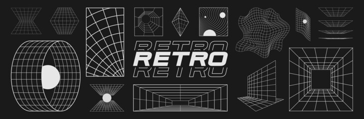 Set of retrofuturistic design elements, perspective grids, tunnel, RETRO title, polar grid, blackhole, bipyramide, circle portal, gravity visualization. Cyberpunk 80s style. Vector - obrazy, fototapety, plakaty