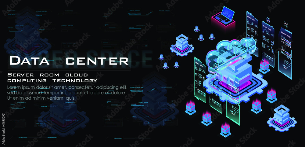 Poster server room with powerful data computation streams. process of work server processing center and dat
