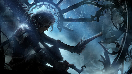 An exhausted warrior woman with a spiked sword, a saw and a pistol sits fatally with her head hanging sadly in the middle of ancient sinister Gothic ruins with broken windows bathed in moonlight 2d  © warmtail