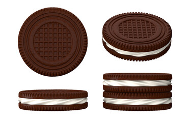 Realistic 3D illustration of appetizing black chocolate cookies with white filling isolated on white background