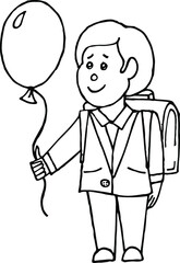 Obraz premium Primary pupil, schoolboy and school student with Balloon. Growing boys and education cartoon. Vector lineart illustration. It can be used for poster, brochure, presentation, invitation, cover book