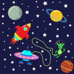 Fototapeta premium Illustration of space rocket, flying saucer, alien and planets. Starry sky. vector. galaxy