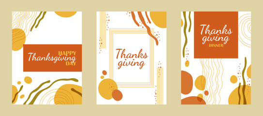 Obraz na płótnie Canvas Thanksgiving trendy template with shape and doodle organic autumn elements. Flat vector illustration for cards, covers and flyers