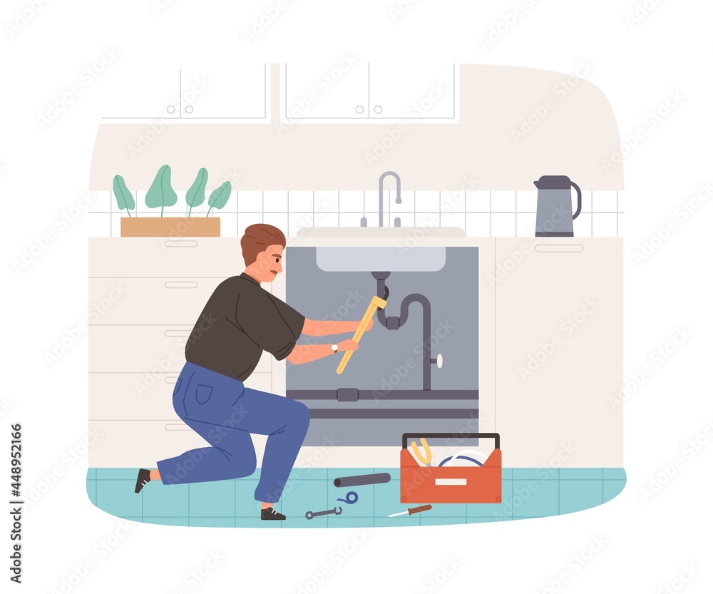 Poster plumber fixing and repairing plumbing. workman installing pipe under kitchen sink. professional pipe