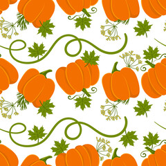 Seamless pattern with ripe pumpkin and green leaves. Autumn harvest background vector cartoon