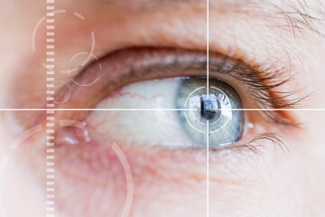 Eye monitoring and eye scan treatment. Biometric scan of male eye closeup. - 448952302