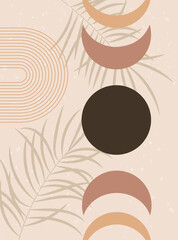 Abstract contemporary aesthetic background with Moon phases and palm leaves. Earth tones, terracotta colors. Boho wall decor. Mid century modern minimalist art print. Vector illustration.