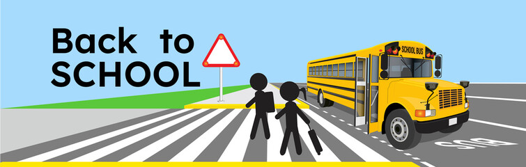 Fototapeta na wymiar Back to school Scene of a yellow school Bus, crosswalk, traffic signal and schoolkids silhouette