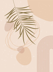Abstract contemporary background with palm leaf, Long Rainbow. Earth tones, terracotta colors. Boho wall decor. Mid century modern minimalist art print with natural shapes. Vector illustration.
