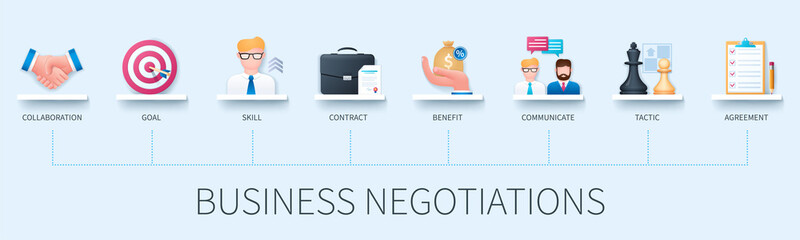 Business negotiations infographic in 3D style.