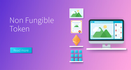 Non fungible token banner in 3D style