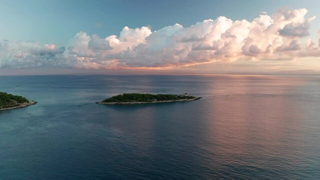 Aerial view beautiful bay at sunrise. Vis town on Vis island, Croatia.