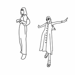 sketch of a 2 person girl with a bag of clothes line art drawing