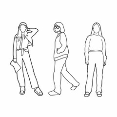 three girls pose on the street line art drawing