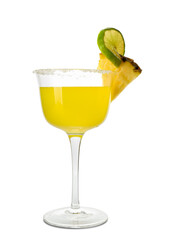 Glass of pineapple daiquiri cocktail on white background
