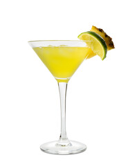 Glass of pineapple daiquiri cocktail on white background