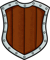 Simple wooden metal vintage shield in cartoon style