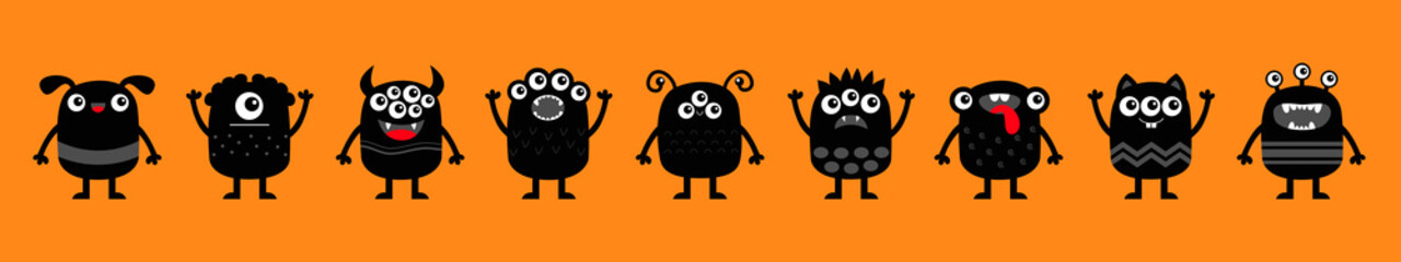Monster set icon line banner. Happy Halloween. Kawaii cute cartoon baby character. Funny face head body black silhouette. Hands up, horn, eyes fang teeth tongue. Flat design. Orange background.