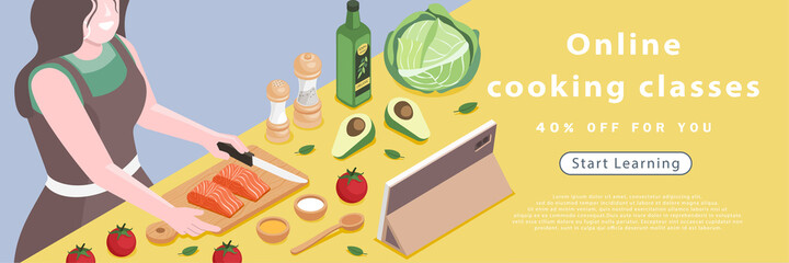 Illustration vector isometric banner design on online cooking classed concept. Woman with tablet on kitchen table.