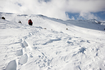 Group of mountaineers walking trough the mountains covered with snow...