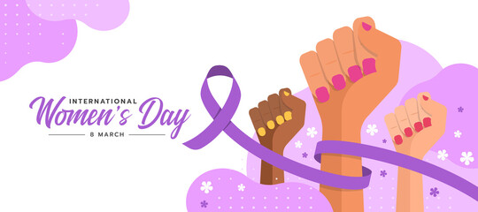 international women day - purple ribbon rolling around woman Fist hand on abstract curve sharp texture background vector design